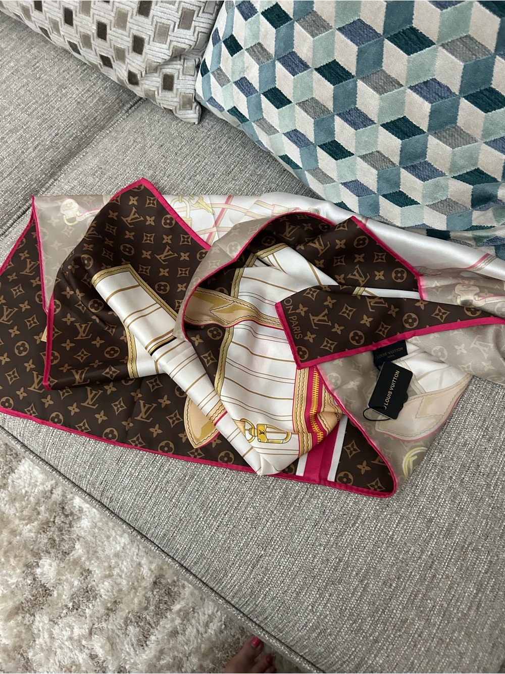 Louis Vuitton Brown Monogram Silk Scarf with Cream, Pink and Gold Accents - Picture 5 of 5